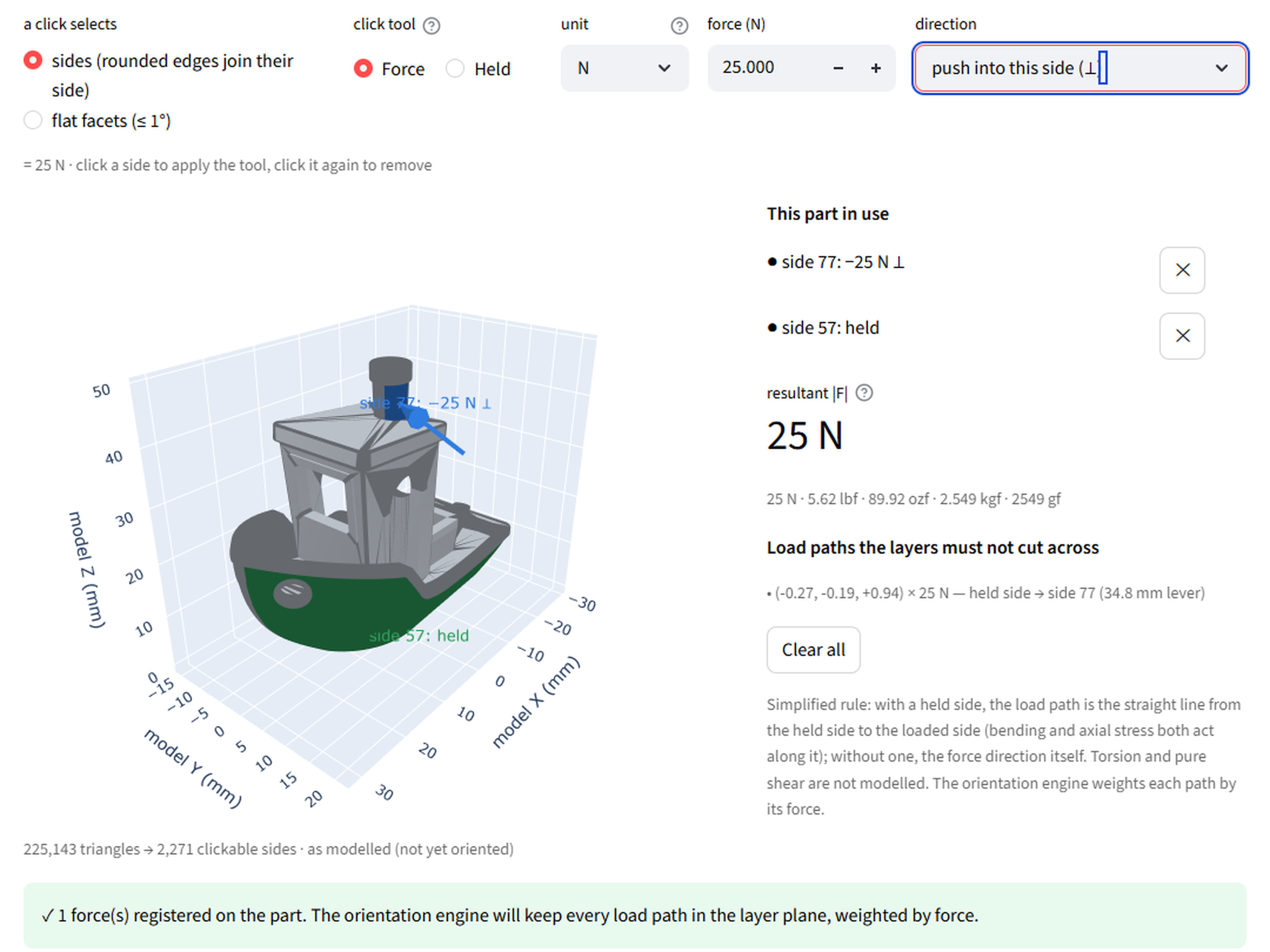 PrintWise3D load-case face picker, light theme
