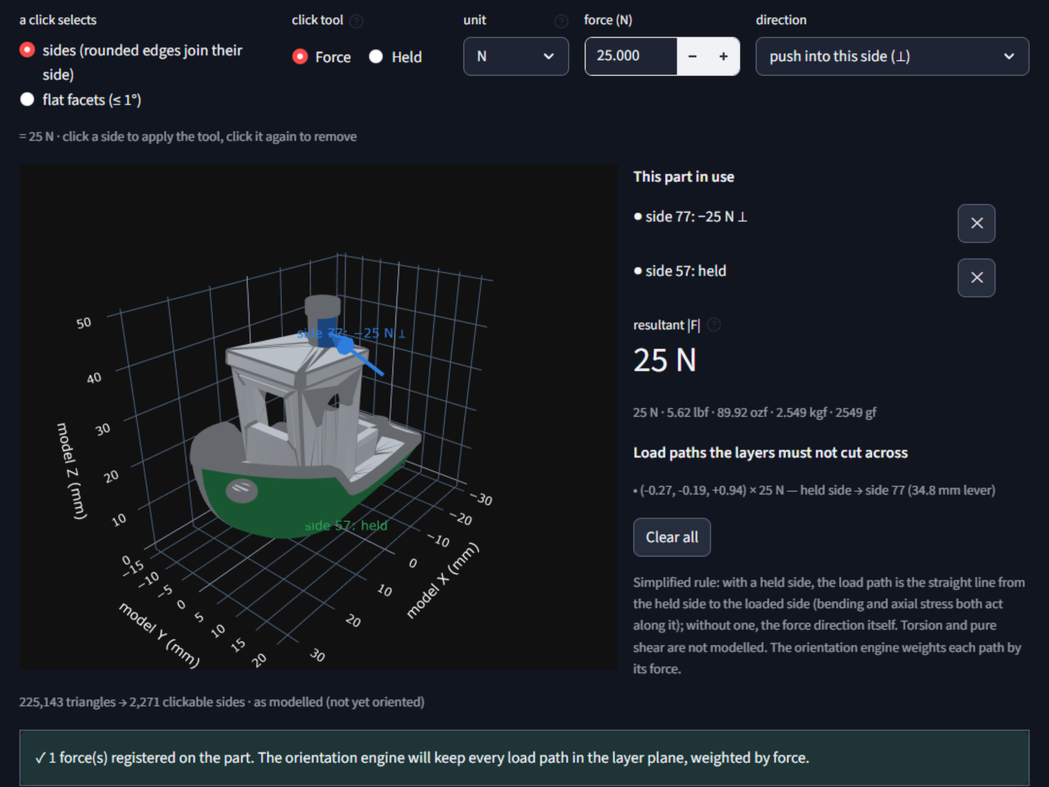 PrintWise3D load-case face picker: click the sides that are held and the sides that take force